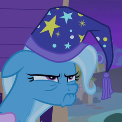 Size: 815x815 | Tagged: safe, screencap, trixie, pony, g4, to where and back again, cropped, faic, female, floppy ears, frown, glare, grumpy, hat, lip bite, mare, nightcap, solo, trixie's nightcap