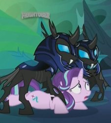 Size: 370x410 | Tagged: safe, screencap, starlight glimmer, changeling, pony, unicorn, g4, to where and back again, armor, changeling armor, changeling guard, cropped, female, mare, out of context