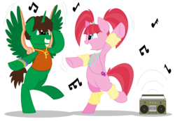 Size: 6096x4248 | Tagged: safe, artist:glitterstar2000, pacific glow, oc, oc:frost d. tart, alicorn, earth pony, pony, g4, absurd resolution, accessory, alicorn oc, bipedal, boombox, dancing, female, jewelry, male, mare, missing cutie mark, music, music notes, necklace, radio, simple background, stallion, white background