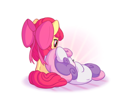 Size: 1400x1100 | Tagged: safe, artist:bobdude0, apple bloom, sweetie belle, earth pony, pony, unicorn, g4, adorabloom, cuddling, cute, diasweetes, duo, female, filly, resting, snuggling