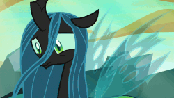Size: 1280x720 | Tagged: safe, screencap, queen chrysalis, changeling, changeling queen, g4, to where and back again, animated, changeling hive, close-up, cloud, cute, cutealis, despair, eye shimmer, female, former queen chrysalis, frown, gif, looking down, sad, sadorable, sky, solo, windswept mane, wings, woobie