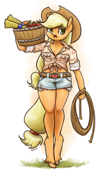 Size: 816x1400 | Tagged: safe, artist:king-kakapo, applejack, earth pony, anthro, unguligrade anthro, g4, apple, arm hooves, basket, belt, belt buckle, bucket, carrying, clothes, daisy dukes, female, food, front knot midriff, frown, looking at you, midriff, open mouth, rope, shirt, shorts, solo, unshorn fetlocks