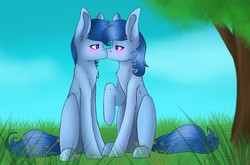 Size: 1748x1152 | Tagged: safe, artist:viljulie, oc, oc only, oc:raylanda, earth pony, pony, blushing, cute, ear fluff, female, kiss on the lips, kissing, lesbian, looking at each other, raised hoof, self ponidox, selfcest, shipping, sitting