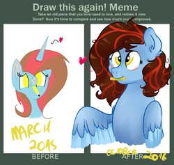 Size: 784x744 | Tagged: safe, artist:howlingatthemoon654, oc, oc only, oc:doodle noodle, oc:dreamcatcher, pegasus, pony, unicorn, blushing, draw this again, heart, improvement, mouth hold, pencil, ponysona, solo