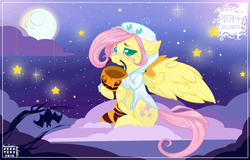 Size: 1280x818 | Tagged: safe, artist:feekteev, fluttershy, g4, basket, clothes, cloud, costume, cute, female, halloween, hoodie, moon, mouth hold, nightmare night, pumpkin bucket, shyabetes, sitting, socks, solo, spread wings, stars, striped socks