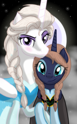 Size: 1200x1920 | Tagged: safe, artist:theroyalprincesses, princess celestia, princess luna, g4, anna, clothes, cosplay, costume, crossover, disney, dress, elsa, frozen (movie), looking at you, night sky, nightmare night, royal sisters, smiling, stars