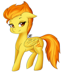 Size: 885x1013 | Tagged: safe, artist:jovalic, spitfire, pegasus, pony, g4, female, floppy ears, lidded eyes, looking at you, simple background, solo