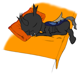 Size: 607x571 | Tagged: safe, artist:qtluna, derpibooru exclusive, changeling, bed, bedsheets, blanket, cute, cuteling, eyes closed, prone, simple background, sleeping, smiling, solo, transparent background