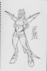 Size: 2144x3233 | Tagged: safe, artist:secretbetweenthewar, oc, oc only, oc:balloon dancer, changeling, anthro, unguligrade anthro, belly, belly button, breasts, chubby, chunkling, female, high res, monochrome, smiling, solo, traditional art