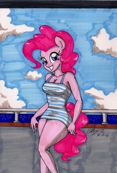 Size: 1292x1903 | Tagged: safe, artist:newyorkx3, pinkie pie, earth pony, anthro, g4, breasts, cleavage, clothes, cruise ship, dress, female, looking at you, solo, traditional art