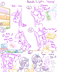 Size: 1280x1611 | Tagged: safe, artist:adorkabletwilightandfriends, princess cadance, shining armor, spike, starlight glimmer, twilight sparkle, oc, oc:greg, alicorn, dragon, pony, unicorn, comic:adorkable twilight and friends, g4, adorkable twilight, book, bookhorse, bread, cat loves food (yeah yeah yeah yeah), cleaning, comic, computer, cute, food, glowing, glowing horn, horn, laptop computer, lineart, magic, magic aura, music, musical, shopping, slice of life, telekinesis, that pony sure does love books, twilight sparkle (alicorn), zootopia