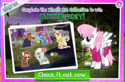 Size: 816x534 | Tagged: safe, gameloft, apple bloom, big macintosh, gem glitter, granny smith, scootaloo, sweetie belle, earth pony, pony, g4, clothes, crack is cheaper, cutie mark crusaders, dress, glitter pony, jem, male, nightmare night, stallion