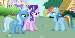Size: 864x440 | Tagged: safe, screencap, rainbow dash, starlight glimmer, trixie, pony, g4, to where and back again