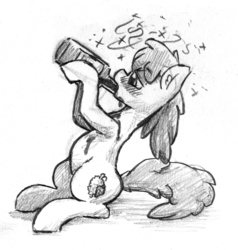 Size: 1013x1065 | Tagged: safe, artist:the-wag, berry punch, berryshine, g4, alcohol, blushing, bottle, drinking, drunk, female, grayscale, monochrome, sketch, solo, traditional art, wine