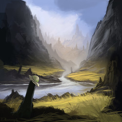 Size: 1200x1200 | Tagged: safe, artist:shamanguli, ponies at dawn, album cover, hat, implied daring do, no pony, scenery, valley