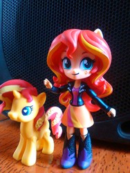 Size: 1944x2592 | Tagged: safe, sunset shimmer, human, pony, equestria girls, g4, boots, clothes, cute, doll, equestria girls minis, human ponidox, irl, jacket, leather jacket, photo, self ponidox, skirt, toy