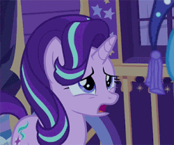 Size: 350x293 | Tagged: safe, edit, edited screencap, screencap, starlight glimmer, trixie, pony, unicorn, to where and back again, animated, boop, boop edit, cropped, cute, female, finger, frown, gif, glare, glimmerbetes, hand, mare, non-consensual booping, nose wrinkle, scrunchy face, sound effects, unamused