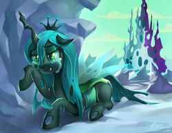 Size: 1035x800 | Tagged: safe, artist:imdrunkontea, queen chrysalis, changeling, changeling queen, g4, season 6, to where and back again, aftermath, changeling hive, changeling kingdom, crown, crying, defeated, female, jewelry, outcast, prone, regalia, sad, signature, solo
