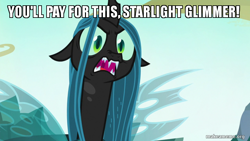 Size: 800x450 | Tagged: safe, edit, edited screencap, screencap, queen chrysalis, changeling, changeling queen, g4, to where and back again, angry, captain planet and the planeteers, caption, female, image macro, meme, solo, text