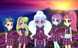 Size: 960x588 | Tagged: artist needed, safe, indigo zap, lemon zest, sour sweet, sugarcoat, sunny flare, equestria girls, g4, equestria girls in real life, shadow five, wallpaper