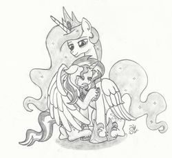 Size: 1954x1793 | Tagged: safe, artist:sensko, princess celestia, sunset shimmer, pony, unicorn, g4, apologetic, apology, begging, crying, duo, floppy ears, forgiveness, grayscale, hug, lidded eyes, monochrome, pencil drawing, reunion, simple background, sitting, smiling, the prodigal sunset, traditional art, unshorn fetlocks, white background, winghug