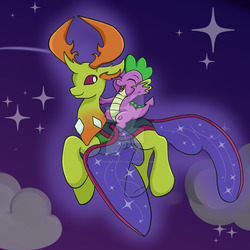 Size: 1024x1024 | Tagged: safe, artist:yoshimarsart, spike, thorax, changedling, changeling, g4, to where and back again, dragons riding changelings, flying, king thorax, night, riding, spike riding thorax, watermark