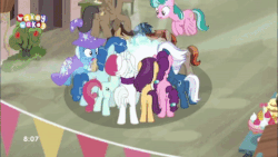 Size: 480x270 | Tagged: safe, screencap, amethyst skim, barren hymn, cool beans, double diamond, flower flight, ivy vine, log jam, night glider, party favor, starlight glimmer, sugar belle, sunny song, trixie, pony, g4, to where and back again, animated, explosion, gif, magic, our town, shield