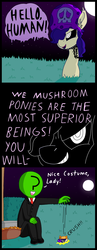 Size: 700x1800 | Tagged: safe, artist:dragonpone, derpibooru exclusive, oc, oc only, oc:anon, oc:ghostwhite, human, mushroom pony, original species, black sclera, bowl, bush, candy, collar, comic, dialogue, ear fluff, ear piercing, evil smile, eyes closed, food, full moon, hair over one eye, looking at you, moon, mushroom, night, nightmare night, open mouth, piercing, poison mushroom, ponified, punk, sitting, smiling, stars, tattoo
