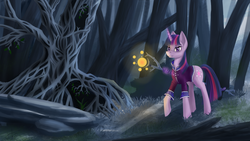Size: 3920x2205 | Tagged: safe, artist:dezdark, twilight sparkle, g4, clothes, female, forest, high res, solo, staff, tunic, wood