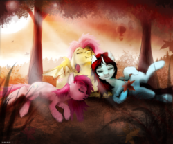 Size: 1024x853 | Tagged: safe, artist:kaine, fluttershy, pinkie pie, oc, oc:taffeta, bat pony, pony, g4, balloon, crepuscular rays, evening, eyes closed, flutterbat, nap, pinkamena diane pie, race swap, sleeping, trio