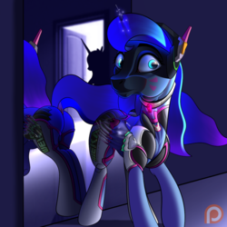 Size: 1000x1000 | Tagged: safe, artist:autello, princess luna, alicorn, pony, gamer luna, g4, bloodshot eyes, butt, crossover, d.va, glowing mane, invisible, magic, muscles, organs, overwatch, plot, whisker markings