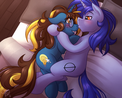 Size: 1280x1024 | Tagged: safe, artist:sugaryviolet, oc, oc only, oc:aeon of dreams, oc:bright idea, pony, unicorn, blushing, cuddling, duo, floppy ears, glasses, kissing, male, snuggling, straight