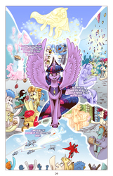 Size: 1253x1950 | Tagged: safe, artist:saturdaymorningproj, applejack, fluttershy, pinkie pie, rainbow dash, rarity, twilight sparkle, alicorn, earth pony, griffon, pegasus, pony, unicorn, comic:a princess' worth, g4, alternate universe, cider, comic, crowd, cupcake, food, gem, immortality blues, magic construct, mane six, muffin, pie, twilight sparkle (alicorn), twilight will outlive her friends