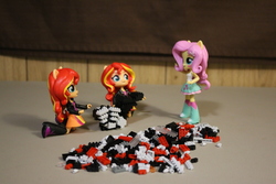 Size: 2736x1824 | Tagged: safe, fluttershy, sunset shimmer, equestria girls, g4, boots, clothes, doll, duality, equestria girls minis, eqventures of the minis, irl, jacket, leather jacket, nanoblocks, photo, picture, skirt, toy
