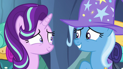 Size: 1280x720 | Tagged: safe, screencap, starlight glimmer, trixie, pony, g4, to where and back again, cute, smiling