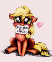 Size: 921x1097 | Tagged: safe, artist:buttersprinkle, applejack, earth pony, pony, g4, blushing, bronybait, buttersprinkle is trying to murder us, chest fluff, cute, female, floppy ears, hatless, heart, hug request, jackabetes, mare, missing accessory, mouth hold, puppy dog eyes, sign, sitting, solo, that pony sure does love apples, traditional art, will x for y