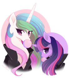 Size: 1280x1451 | Tagged: dead source, safe, artist:verawitch, princess celestia, twilight sparkle, pony, g4, abstract background, blowing bubbles, bubblegum, clothes, colored pupils, fairandfaithful, female, food, gum, lesbian, looking at you, mare, ship:twilestia, shipping, simple background, transparent background