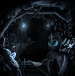 Size: 1930x1942 | Tagged: safe, artist:konsumo, oc, oc only, pony, unicorn, cave, dark, detailed, mine, open mouth, solo