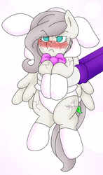 Size: 1265x2153 | Tagged: safe, artist:blackbewhite2k7, discord, fluttershy, pony, g4, angry, bunny suit, clothes, discorded, flutterbitch, holding a pony, nightmare night, offscreen character, poison ivy