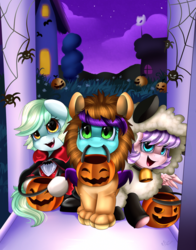 Size: 2070x2645 | Tagged: safe, artist:pridark, oc, oc only, big cat, lion, sheep, vampire, clothes, commission, costume, cute, doorstep, high res, looking up, mouth hold, nightmare night, pumpkin bucket, trick or treat, trio