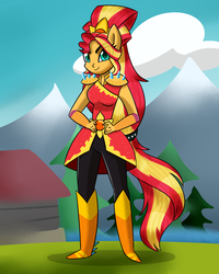 Size: 1024x1280 | Tagged: safe, artist:mlp-firefox5013, sunset shimmer, equestria girls, g4, my little pony equestria girls: legend of everfree, boots, clothes, crystal guardian, female, high heel boots, looking at you, ponied up, shoes, solo