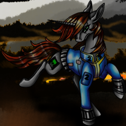 Size: 1024x1024 | Tagged: safe, artist:brainiac, oc, oc only, oc:littlepip, pony, unicorn, fallout equestria, clothes, cutie mark, fallout, fanfic, fanfic art, female, full body, hooves, horn, jumpsuit, mare, pipboy, pipbuck, solo, vault suit