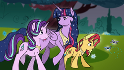 Size: 1222x695 | Tagged: safe, artist:angeltorchic, starlight glimmer, sunset shimmer, twilight sparkle, alicorn, insect, pony, unicorn, g4, ethereal mane, female, mare, older, peytral, princess starlight glimmer, raised hoof, scenery, starry mane, trio, twilight sparkle (alicorn), ultimate twilight