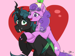 Size: 2048x1536 | Tagged: safe, artist:pimpartist101, screwball, oc, oc:prince mothball, changeling, g4, backwards cutie mark, blushing, canon x oc, female, heart, kiss mark, lipstick, male, shipping, straight