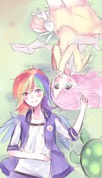 Size: 687x1200 | Tagged: safe, artist:odaefnyo, angel bunny, fluttershy, rainbow dash, tank, human, g4, female, humanized, lesbian, looking at you, looking up, lying down, on back, ship:flutterdash, shipping