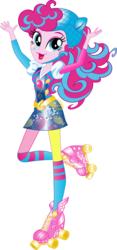 Size: 6835x14664 | Tagged: safe, artist:sugar-loop, pinkie pie, equestria girls, g4, my little pony equestria girls: friendship games, official, absurd resolution, alternative cutie mark placement, backcard, box art, clothes, facial cutie mark, female, helmet, looking at you, open mouth, roller derby, roller skates, simple background, solo, sporty style, transparent background, vector