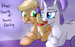 Size: 1024x640 | Tagged: safe, artist:cosmonaut, applejack, rarity, earth pony, pony, unicorn, g4, alternate hairstyle, dialogue, female, hearts and hooves day, lesbian, mare, open mouth, ship:rarijack, shipping, smiling