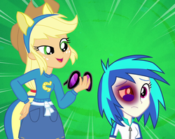 Size: 1356x1080 | Tagged: safe, edit, applejack, dj pon-3, vinyl scratch, human, equestria girls, g4, abuse, abuse edit, black eye, edgy, eqg abuse edits, female, out of character, vinylbuse