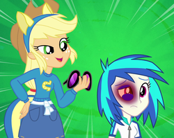 Size: 1356x1080 | Tagged: safe, edit, applejack, dj pon-3, vinyl scratch, human, equestria girls, g4, abuse, abuse edit, applejerk, black eye, edgy, eqg abuse edits, female, out of character, vinylbuse