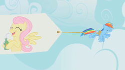 Size: 1600x900 | Tagged: safe, screencap, fluttershy, rainbow dash, pony, g4, green isn't your color, banner, carrot, carrot juice, flying